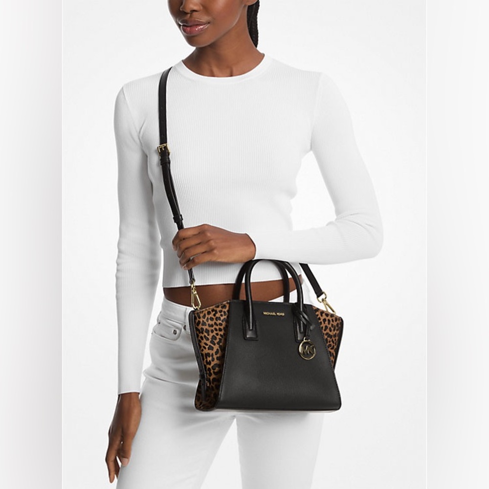 NWT Michael Kors Avril Black and Leopard Calf Hair Satchel